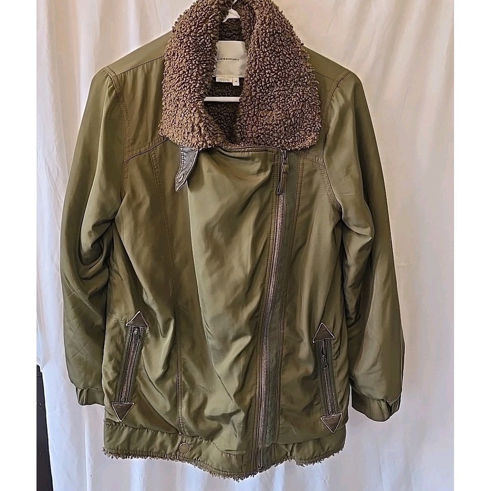 Anthropologie Joni Aviator Moto Jacket Olive Green Sherpa Lined‎ Oversized XS